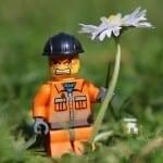 lego toy angry man in orange next to a daisy